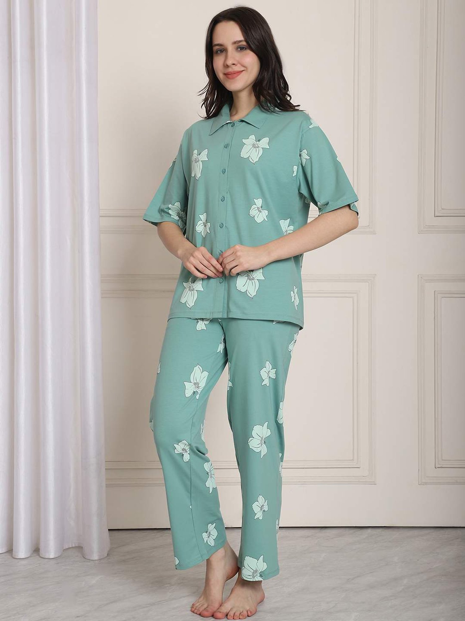 Kanvin Blue Cotton Printed Shirt Pyjamas Set