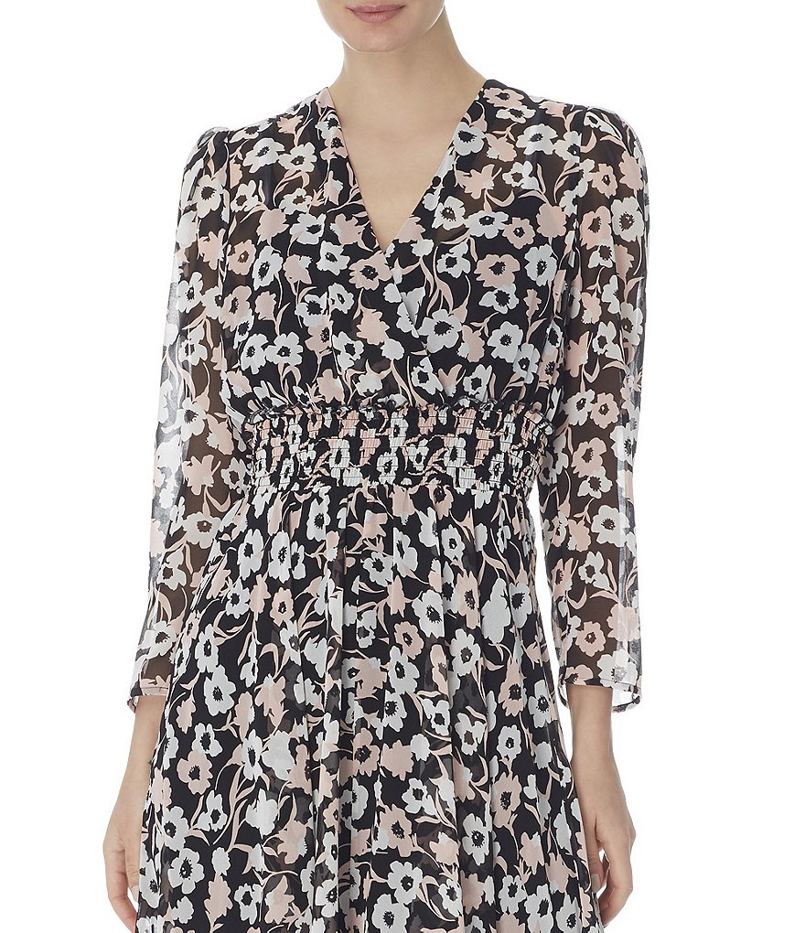 Anne Klein V-Neck 3/4 Sleeve Floral Handkerchief Hem Midi Dress
