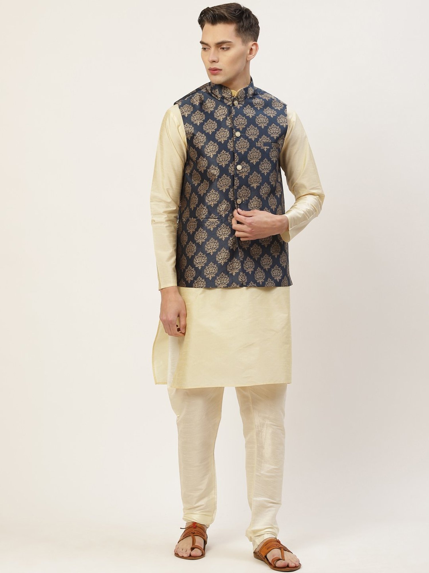 Jompers Navy Regular Fit Printed Nehru Jacket