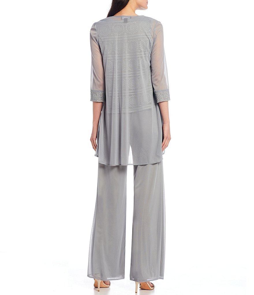 R & M Richards Glitter Chiffon Lace Duster 3-Piece Pant Set