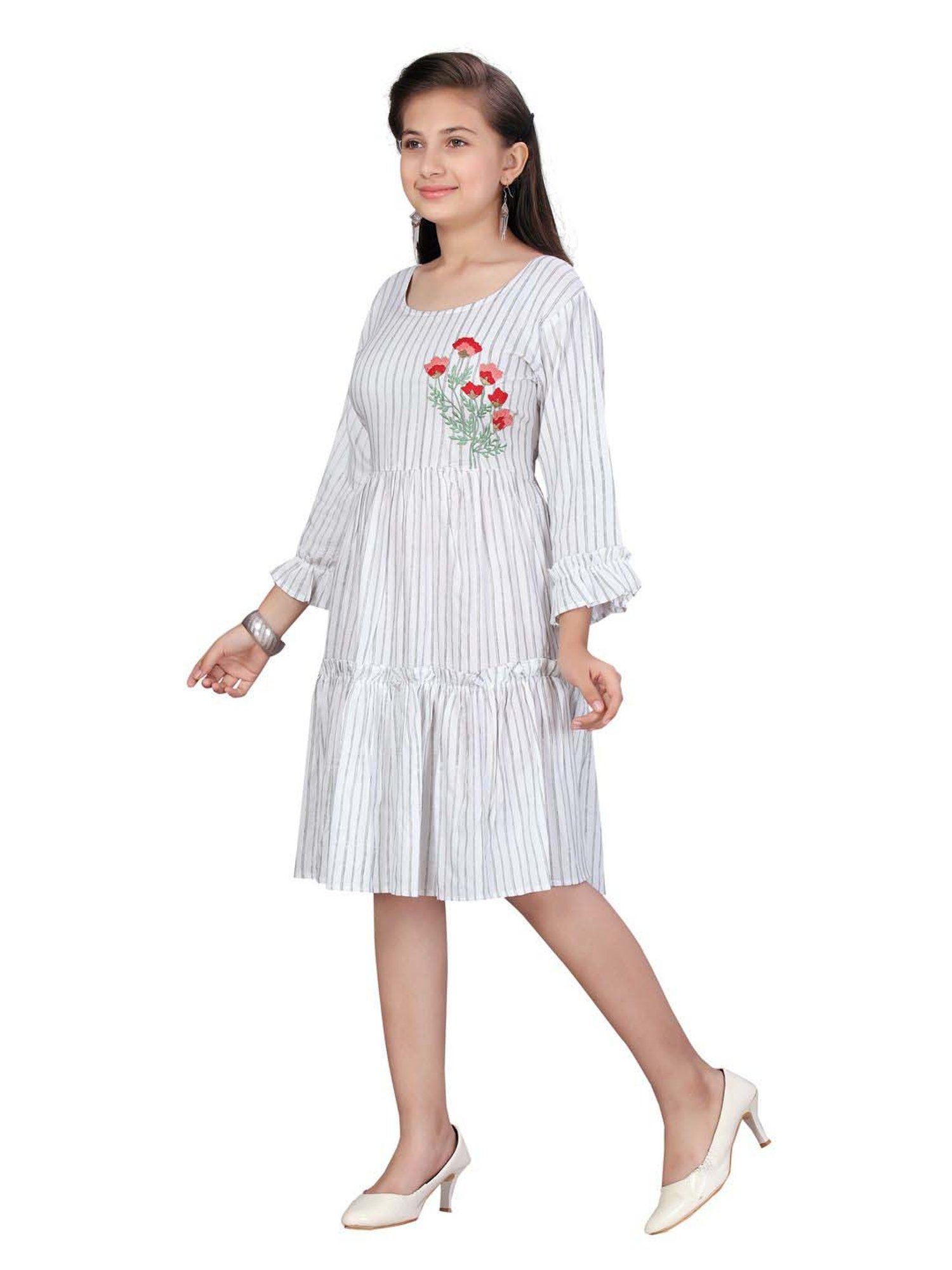 Aarika Kids Grey Cotton Embroidered Midi Dress