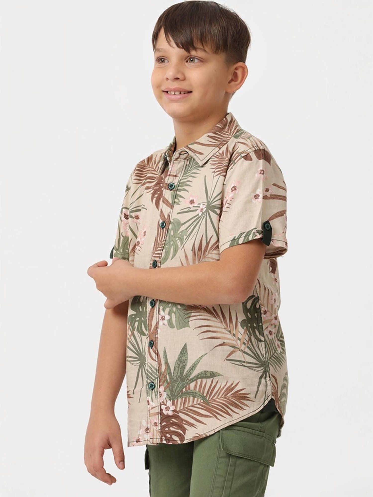 Kate & Oscar Kids Beige & Green Cotton Printed Shirt