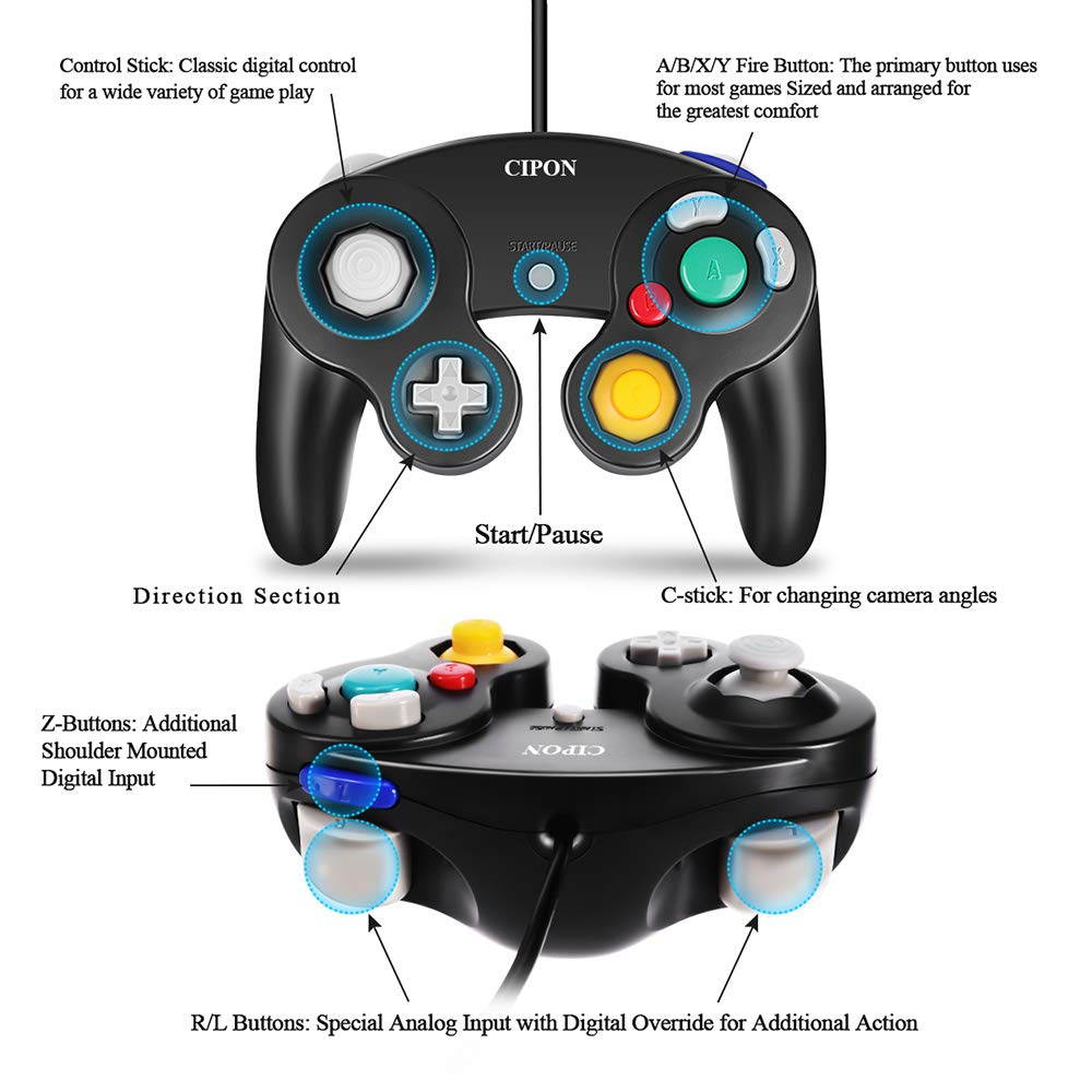 Gamecube Controller Compatible with Nintendo Gamecube and Wii U Classic Wired Controller NGC Gamepad Joystick Black