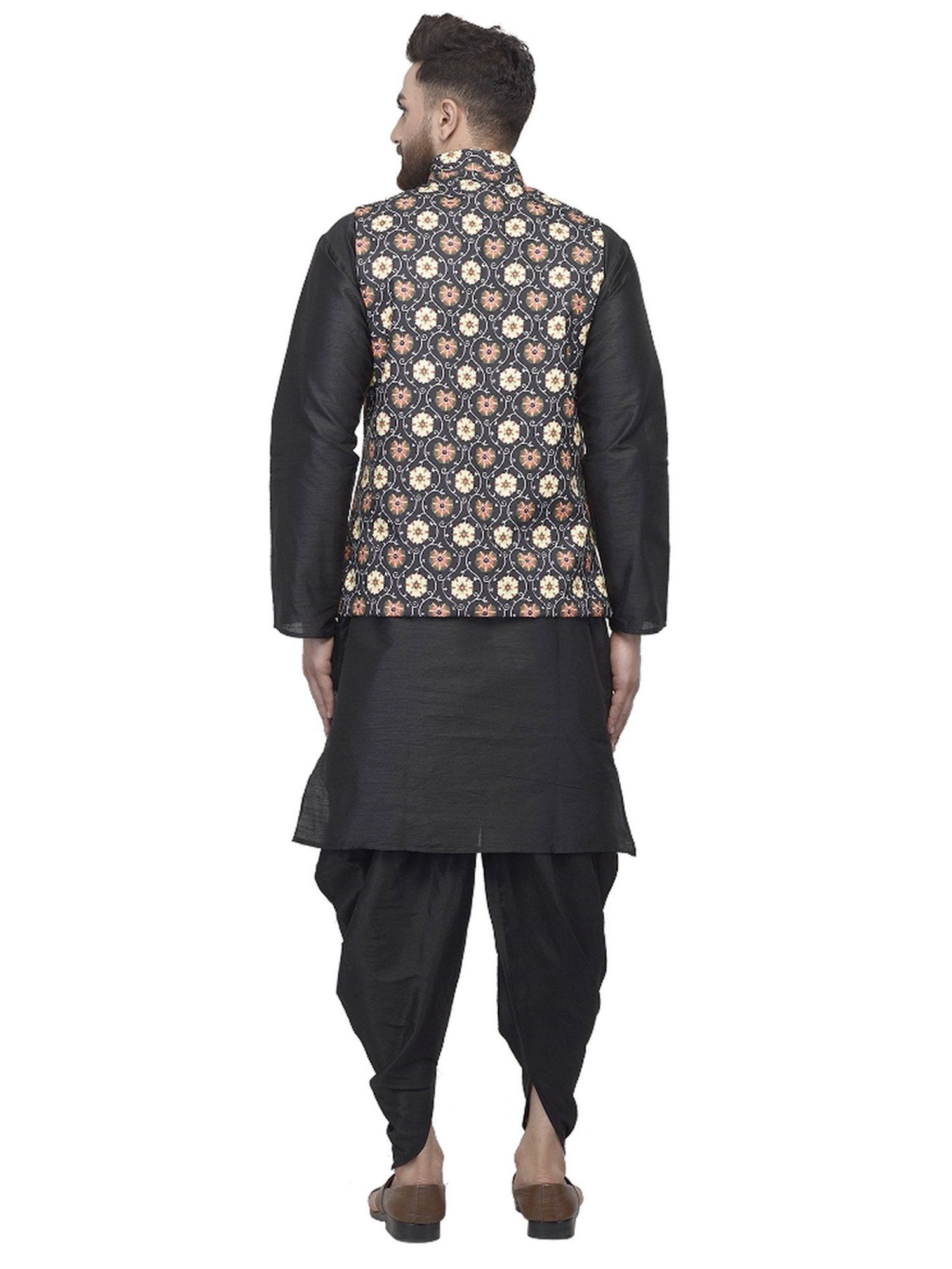 Benstoke Black Regular Fit Floral Print Kurta Set With Jacket