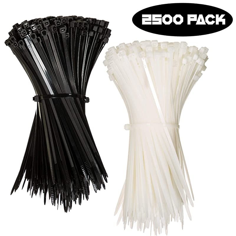 Zip Ties BULK PACK OF 2500 8 Inch Cable Ties in Black and White 50lb Strength Tie Wraps Perfect for Tying Cables Wires Organization and So Much More