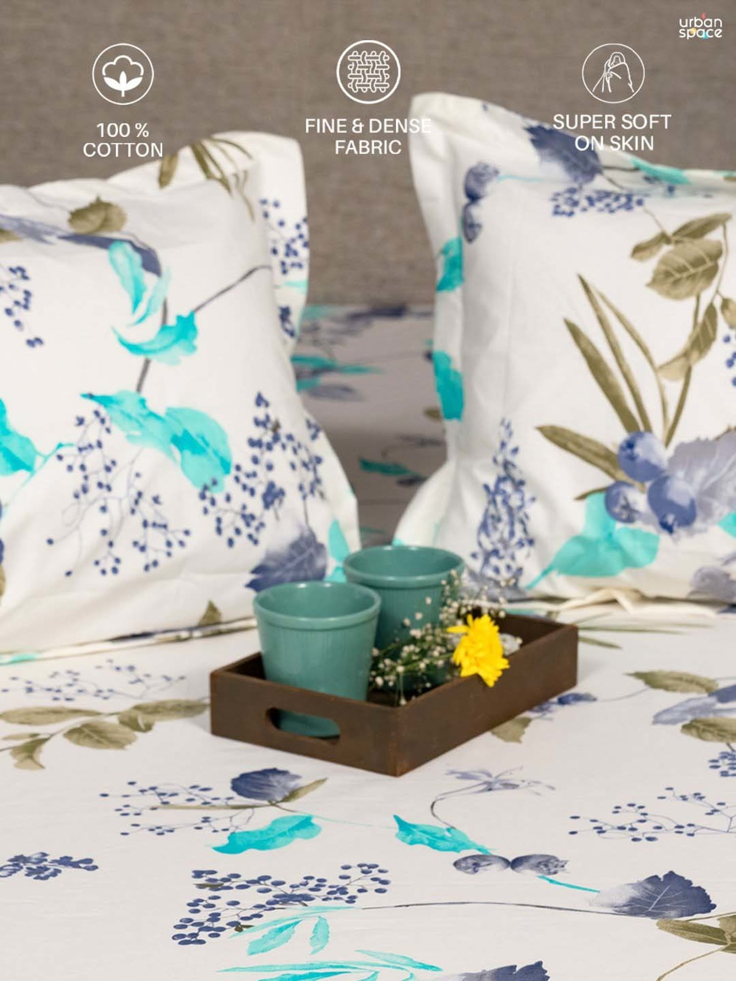 Urban Space Regal Blue Cotton 200 TC Queen Size Bedsheet With Pillow Covers