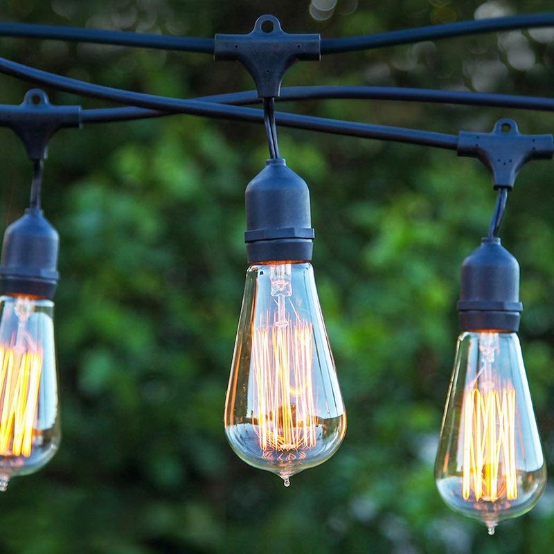 Brightech Ambience Vintage Outdoor String Lights with 15 Hanging Sockets & Edison Bulbs for Outside, Backyard, Cafe, Patio, or Porch, 48 Foot, Black