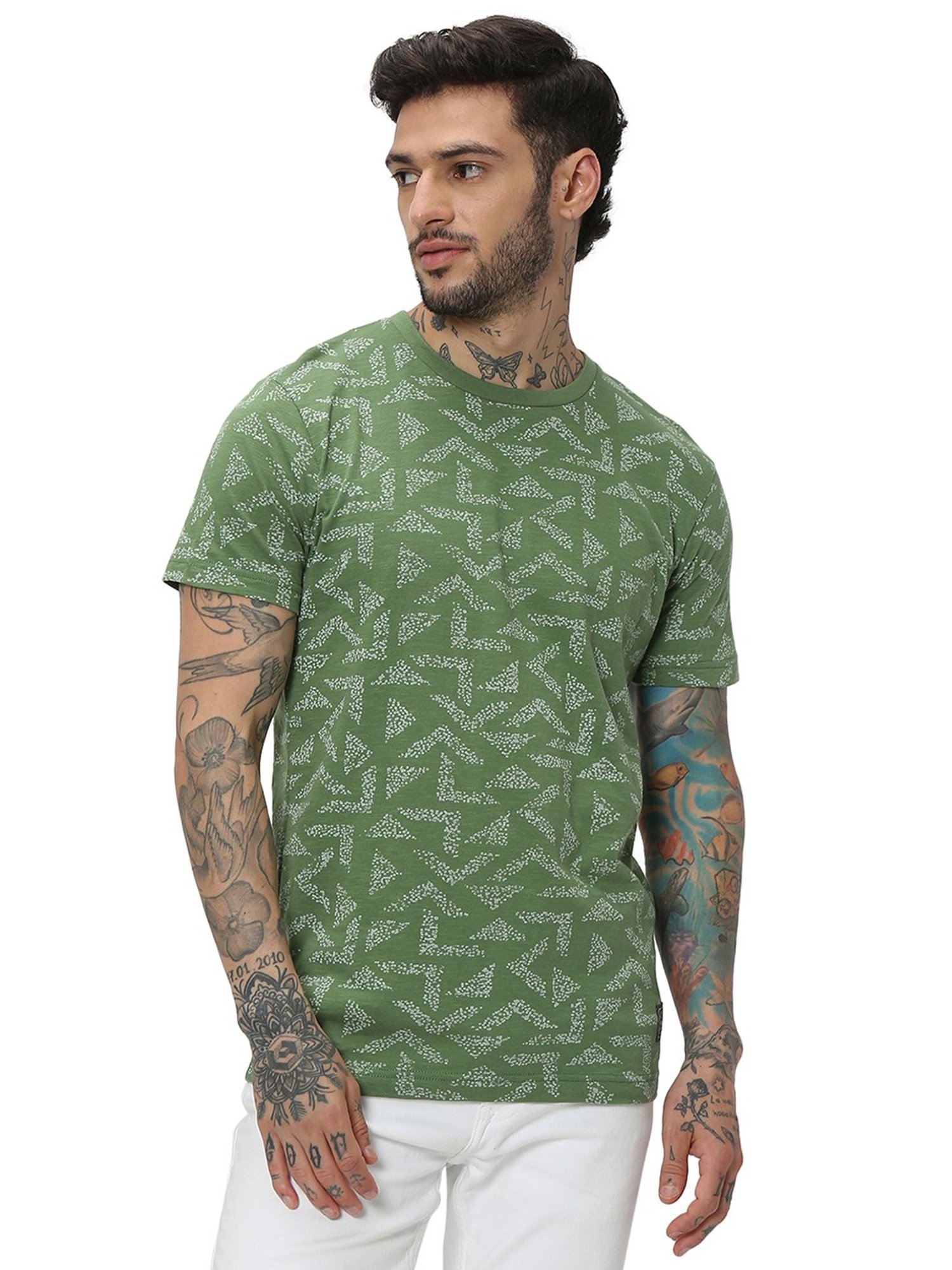 Mufti Green Slim Fit Printed Cotton Crew T-Shirt