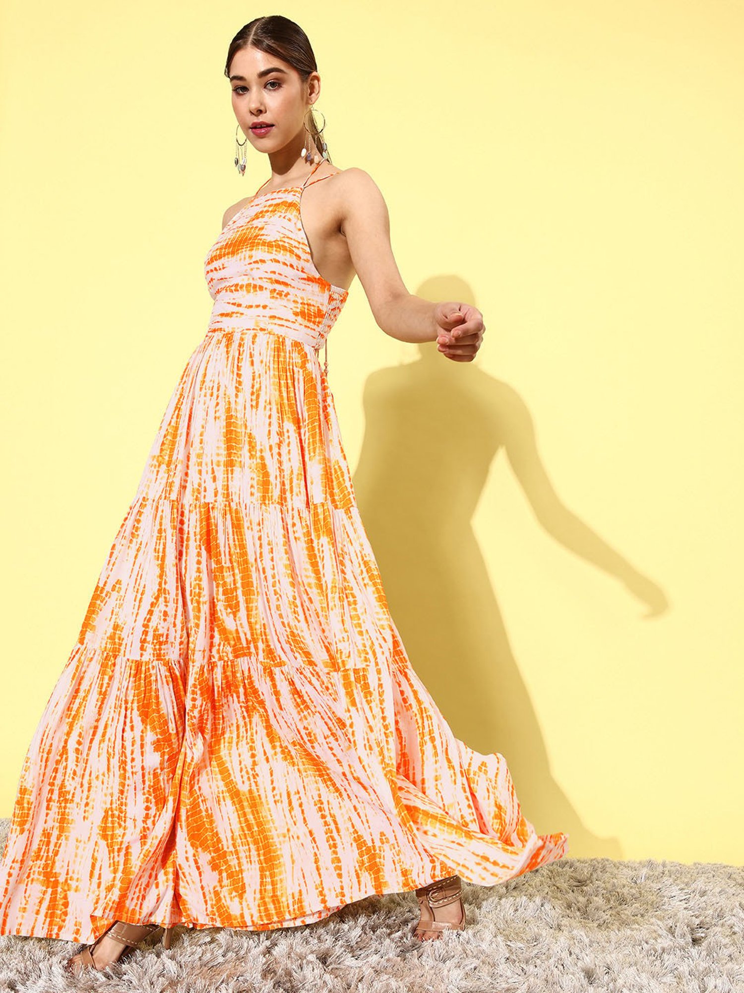 QUIERO Yellow Tie & Dye Fit & Flare Dress