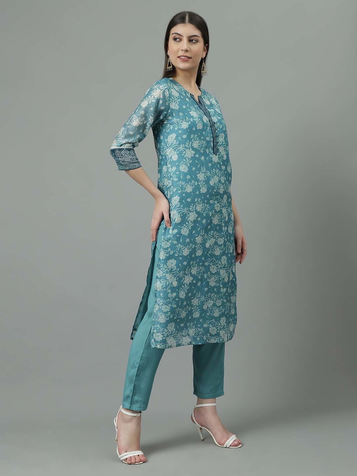 Sringam Blue Floral Print Kurta Pant Set With Dupatta