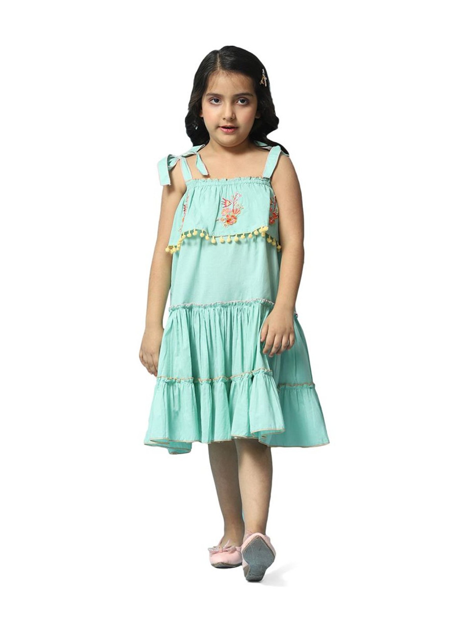 BIBA Girls Green Cotton Embroidered Dress