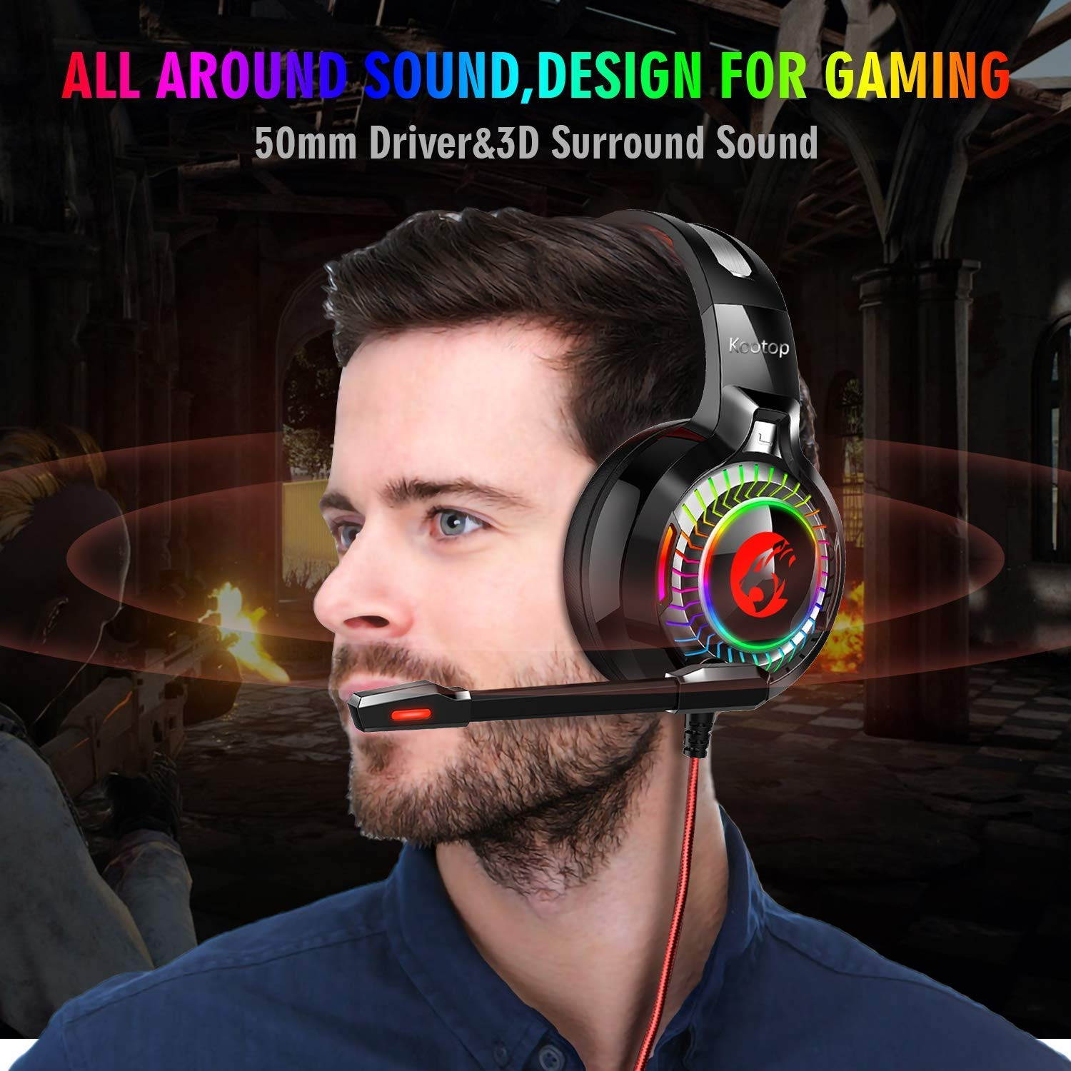 CORN Gaming Headset for Xbox One,PS4,PC,Noise Cancelling Over Ear Headphones with Mic,RGB Light,Volume-Control, Bass, Soft Memory Earmuffs for Laptop Mac Nintendo Switch Games(Black&Red)