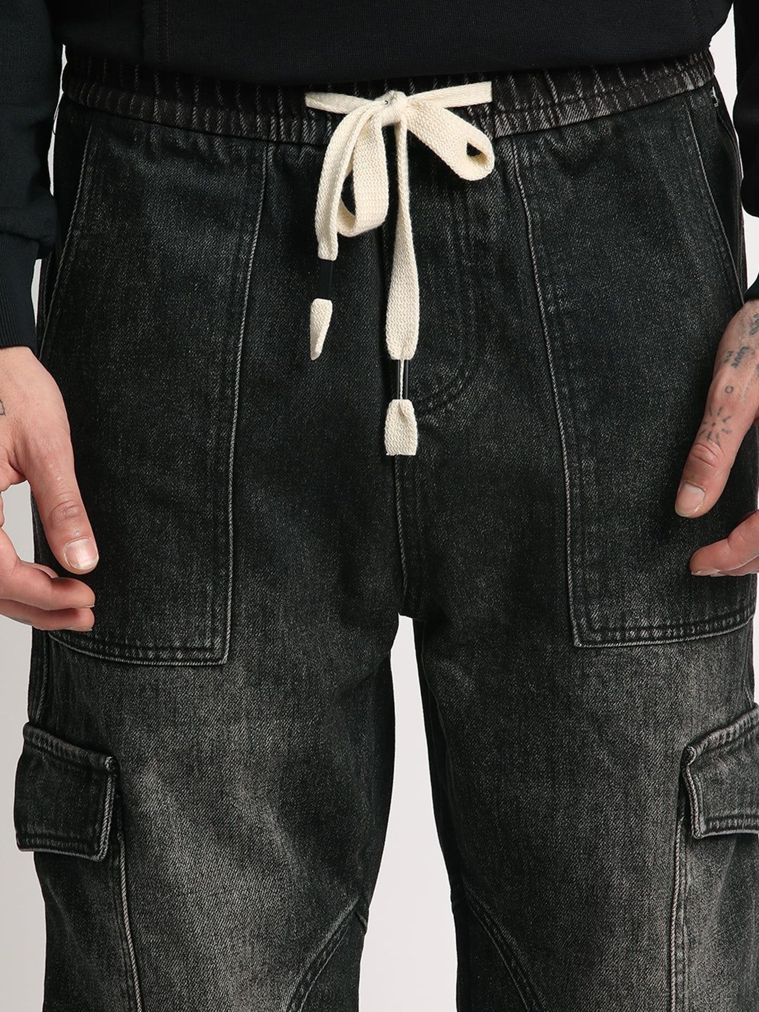 The Bear House Black Cotton Straight Fit Cargo Jeans