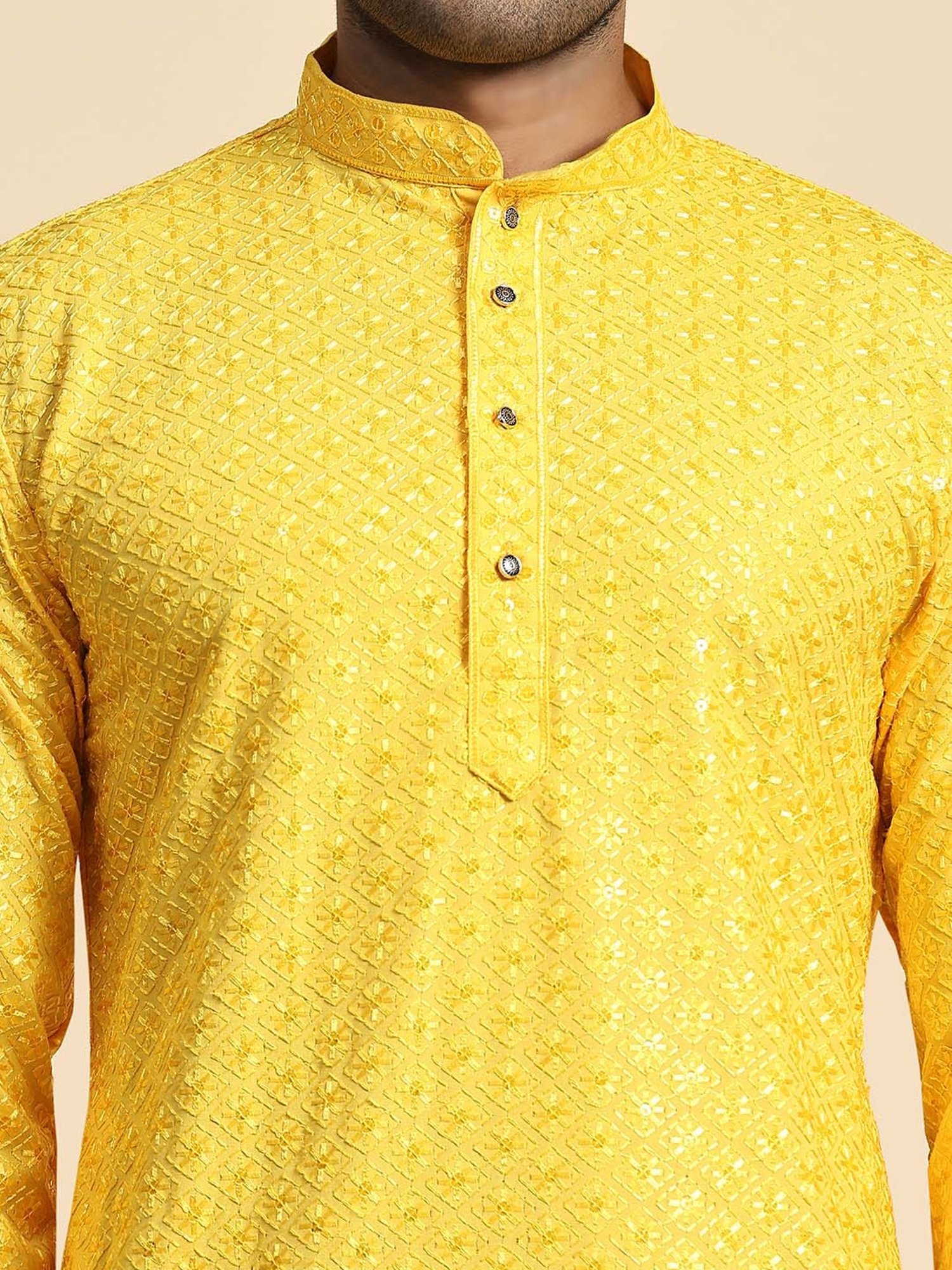 Pro-Ethic Style Developer Yellow & White Regular Fit Embroidered Kurta & Pyjamas Set