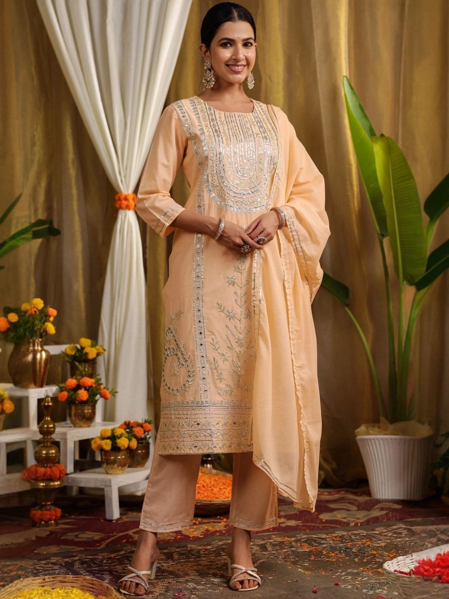 SCAKHI Peach Cotton Gota & Mirror Work Kurta and Pant With Dupatta