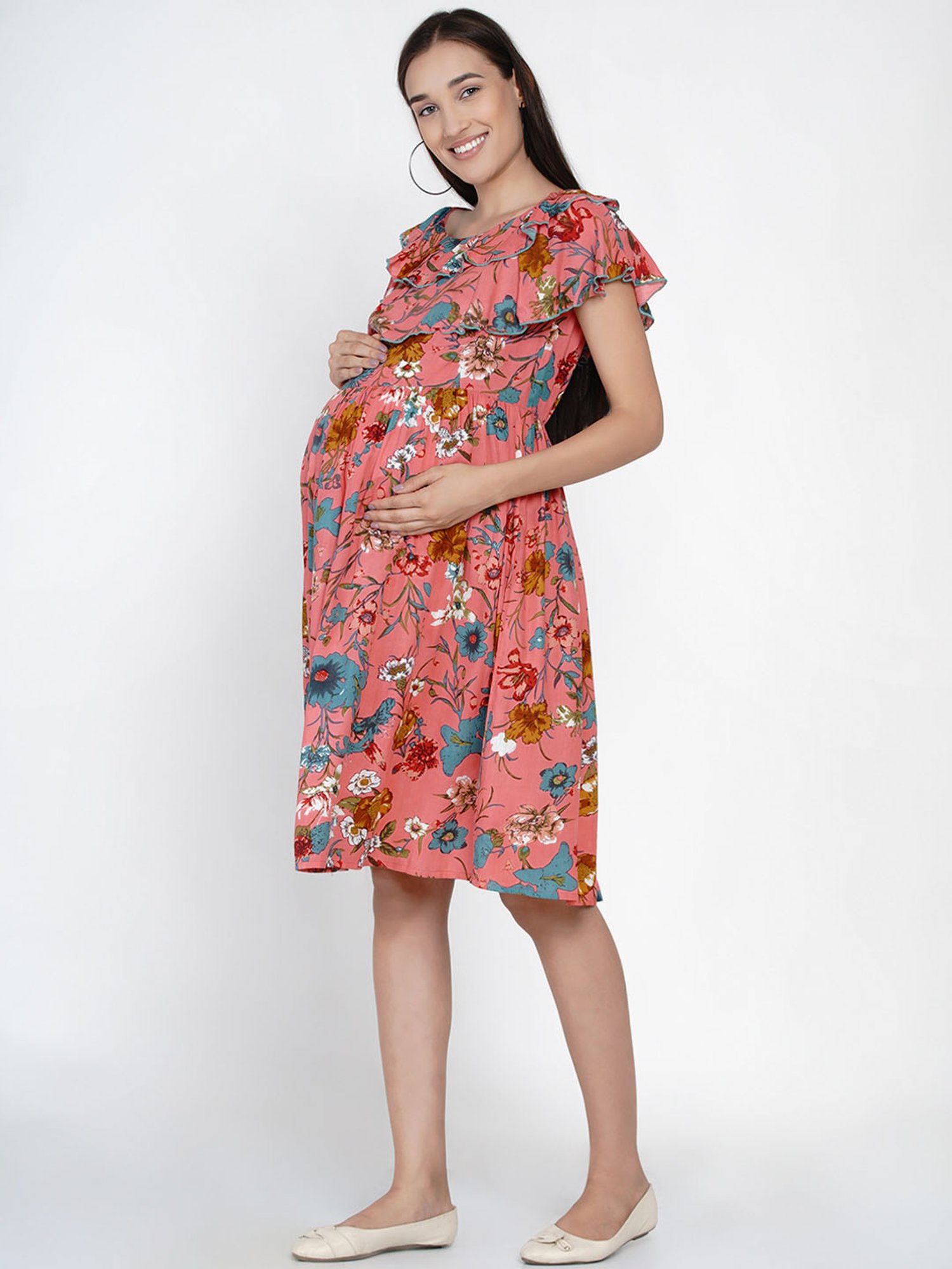 Mine4Nine Pink Floral Print Maternity Dress