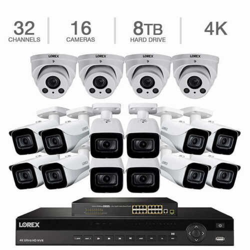 Lorex 32-Channel 4K NVR with 8TB HDD and (12) 4K Ultra HD IP Bullet & (4) 4x Motorized Varifocal Audio Dome Cameras UHD Security Surveillance System TN81388BC8F4