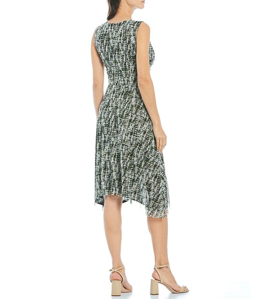 Jessica Howard Shirred Jewel Neck Sleeveless Printed Mesh Midi A-Line Dress
