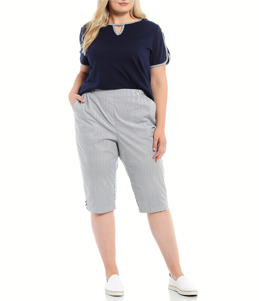 Allison Daley Plus Size Ticking Stripe Print Pull-On Skimmer