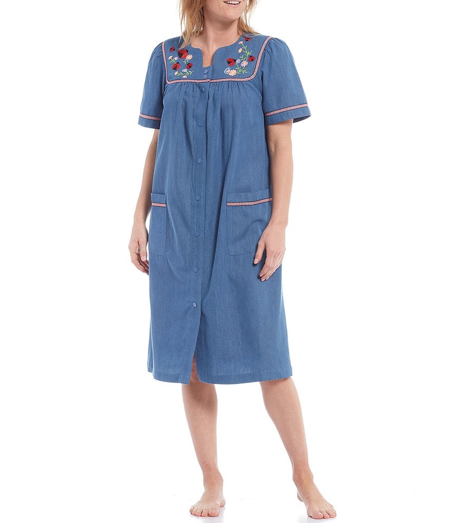 Go Softly Ladybug Embroidery Denim Snap-Front Patio Dress