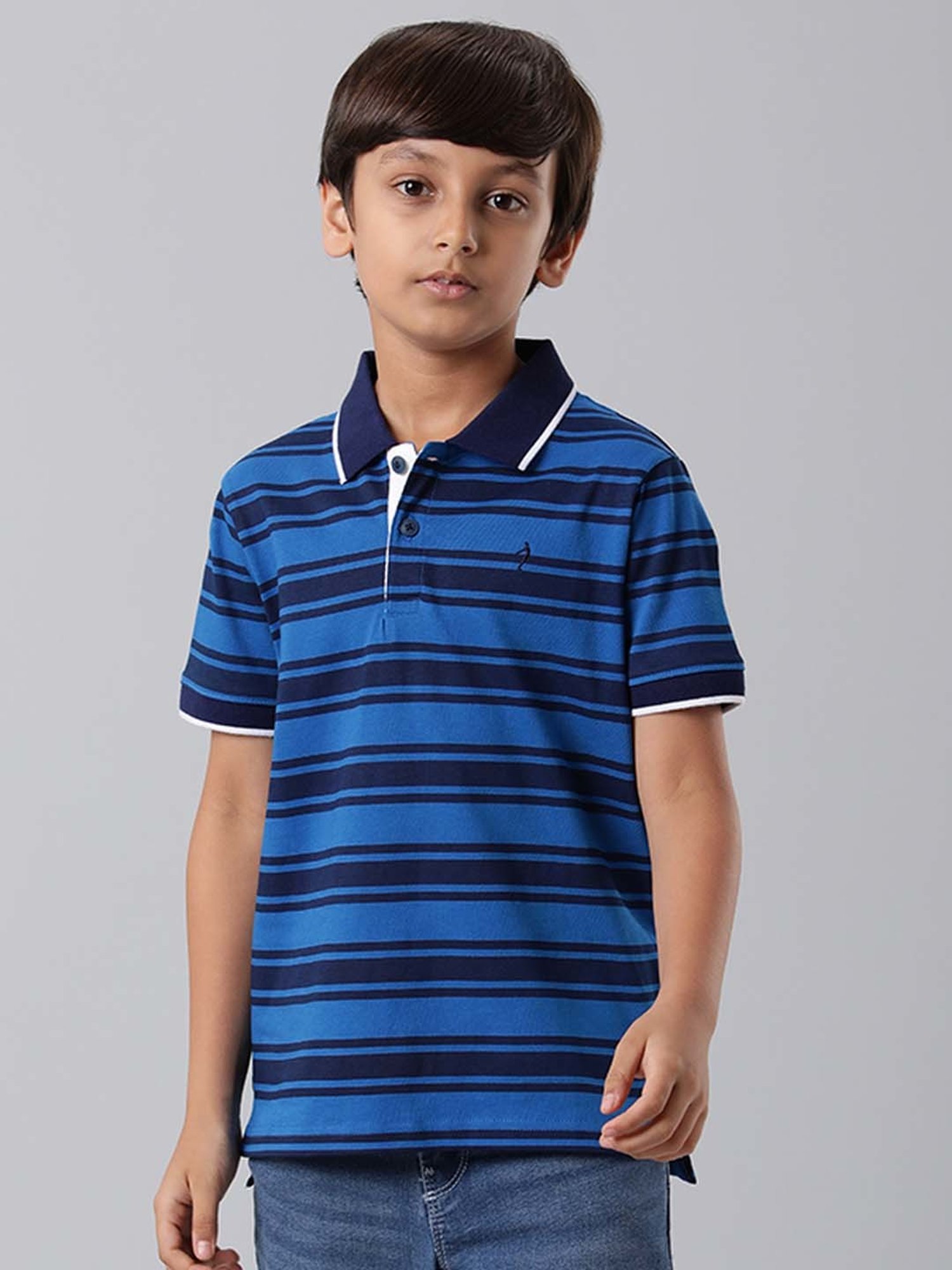 Indian Terrain Kids Navy Striped Polo T-Shirt