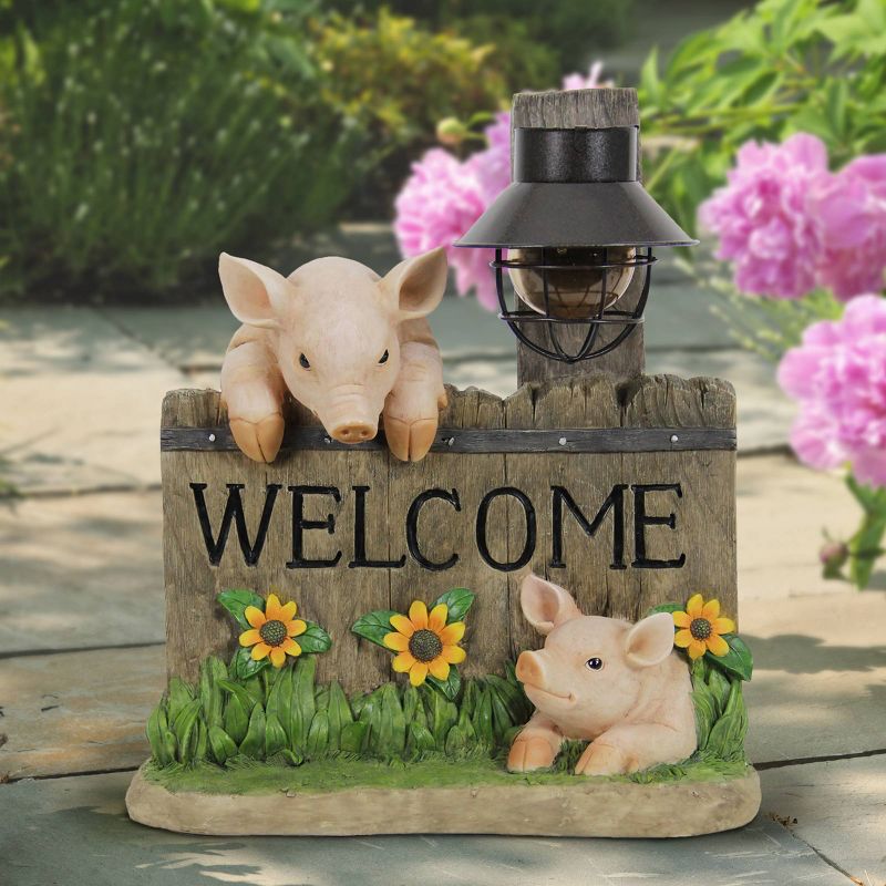 Resin Solar Pig Welcome Sign Statue Pink - Exhart