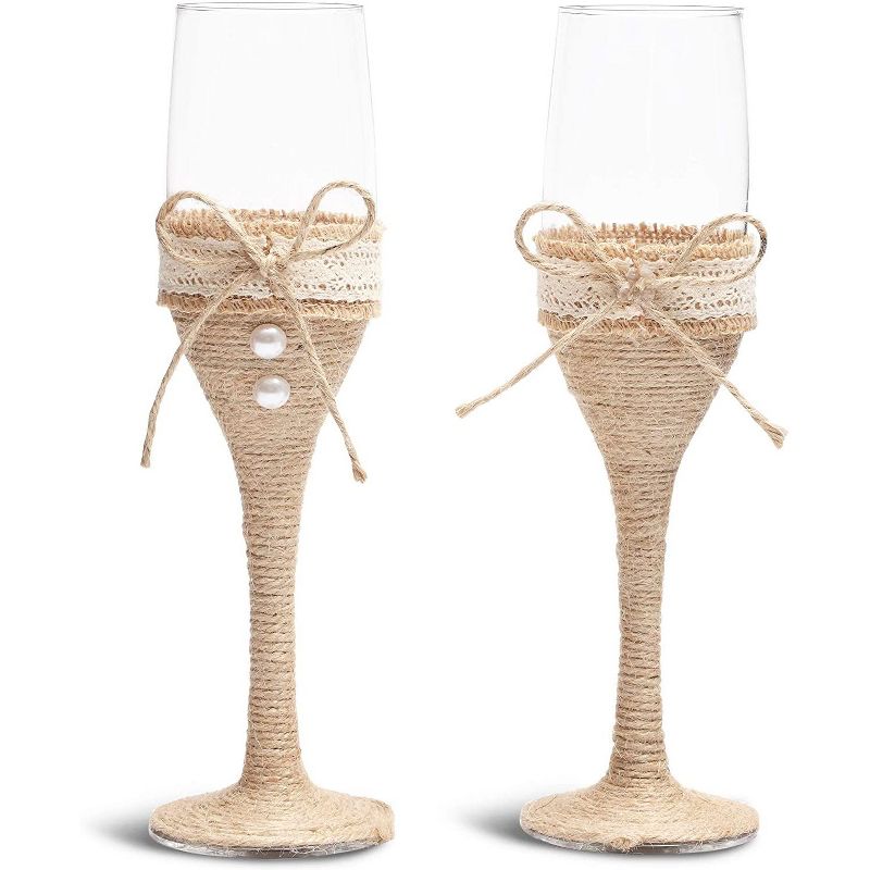 Sparkle and Bash Set of 2 Mr. & Mrs. Rustic Wedding Toasting Glasses, Bride and Groom Burlap Ribbon Champagne Flutes