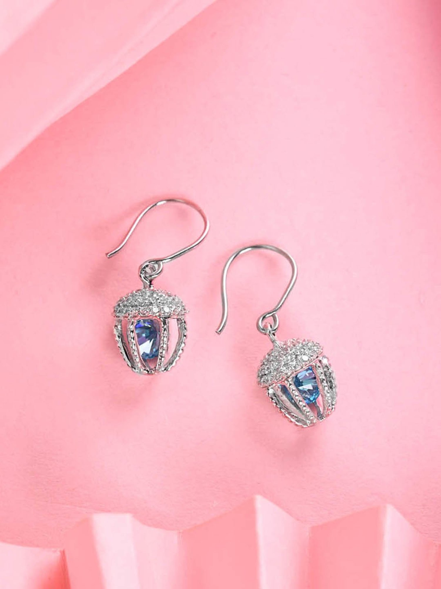Clara 925 Silver Platinum Plated Swiss Zirconia Acorn Blue Solitaire Drop Earrings Gift for Women