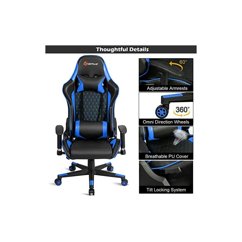 Massage Gaming Chair, Reclining Backrest Handrails and Seat Height Adjustment Racing Computer Office Chair, Ergonomic High Back Embroidered PU Swivel Game Chair with Headrest and Lumbar Cushion