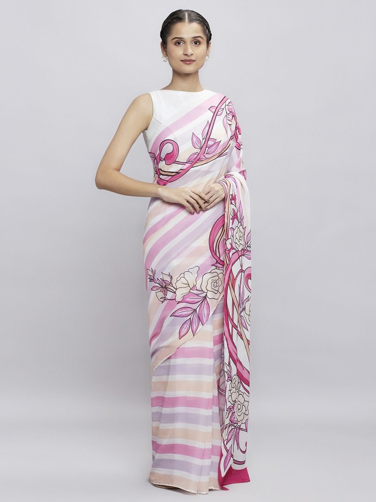navyasa by liva Pink Rose Printed Saree With Unstitched Blouse