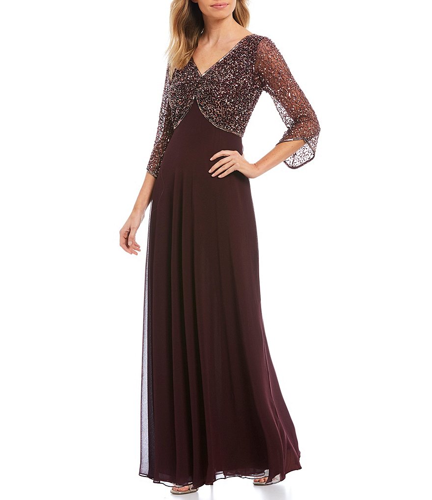 Jkara Petite Size V-Neck 3/4 Sleeve Beaded Bodice Gown