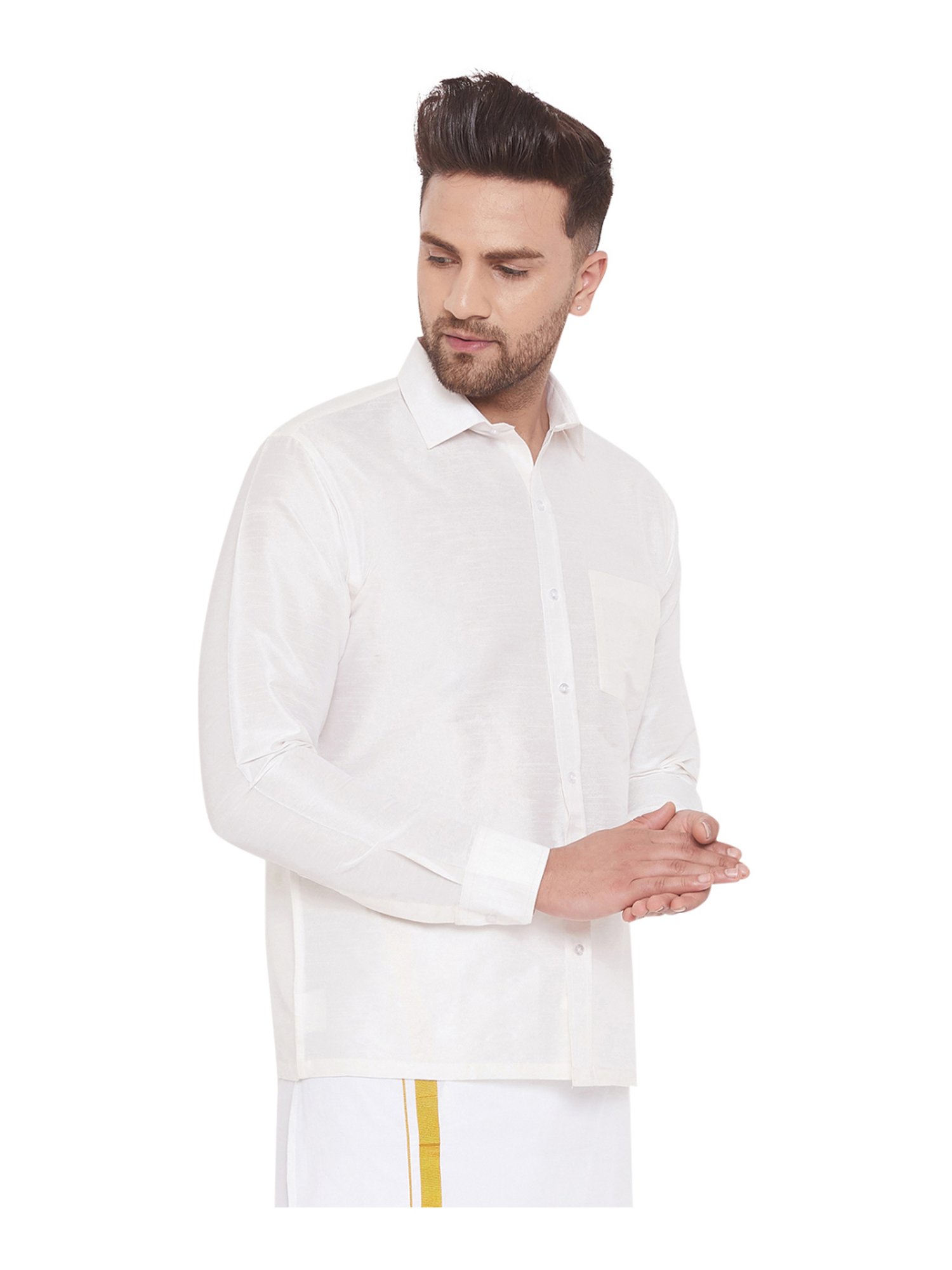 VASTRAMAY White Straight Fit Self Pattern Ethnic Shirt