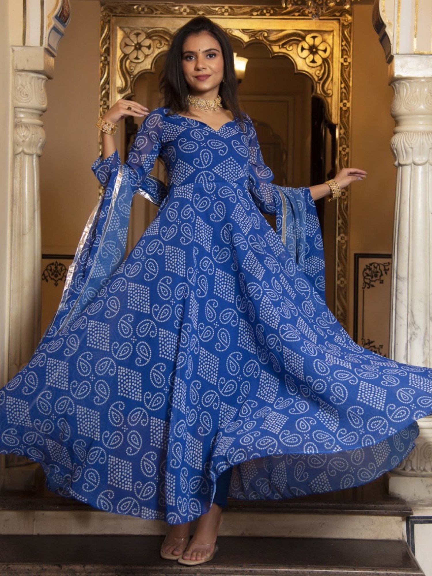 Calmna Berry Blue Bhandhej Anarkali Suit Set