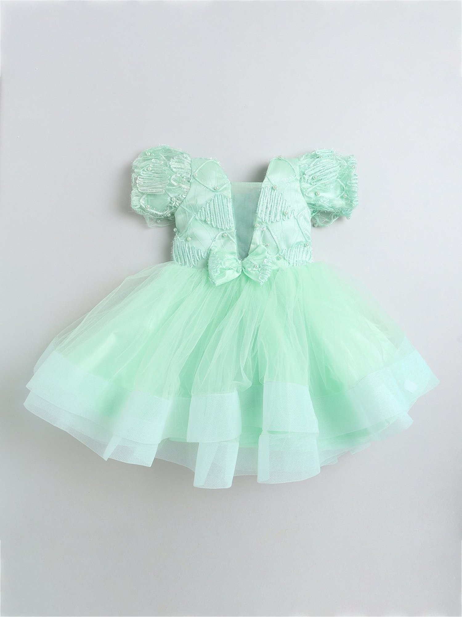 Many Frocks Kids Green Embroidered Dress
