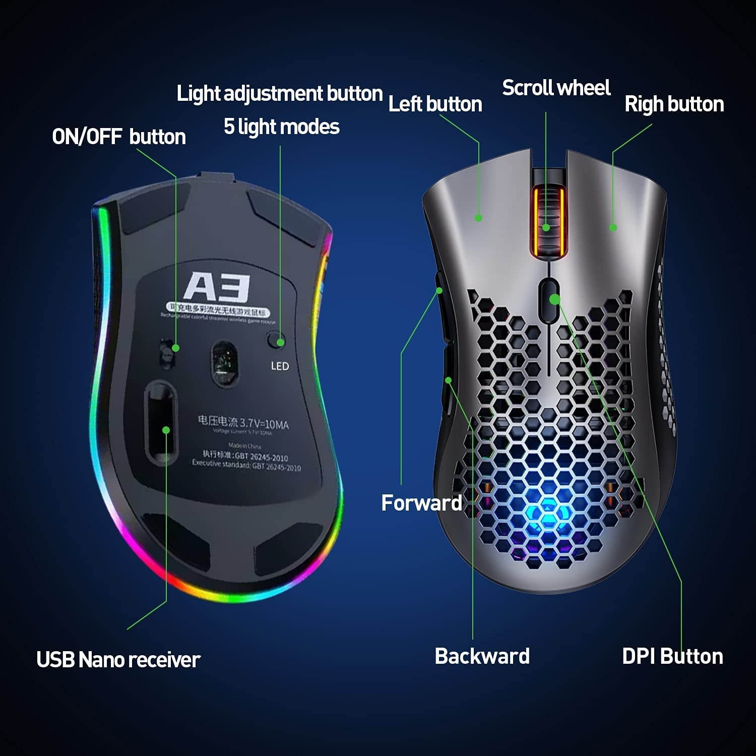 Mashiro Wireless Gaming Mouse Wireless Honeycomb Mouse 7 Programmed Buttons with Silent Click USB Receiver Ergonomic RGB Optical Sensor Lightweight Honeycomb Shell Mouse for Computer Laptop PC