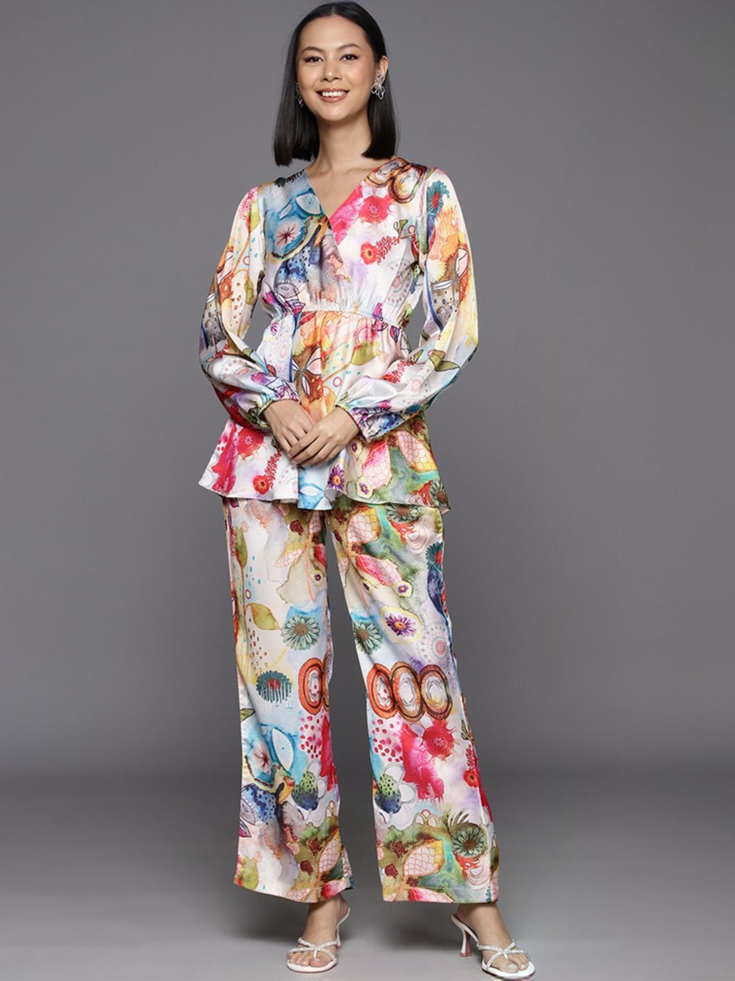 Varanga Multicolored Floral Print Top Pant Set