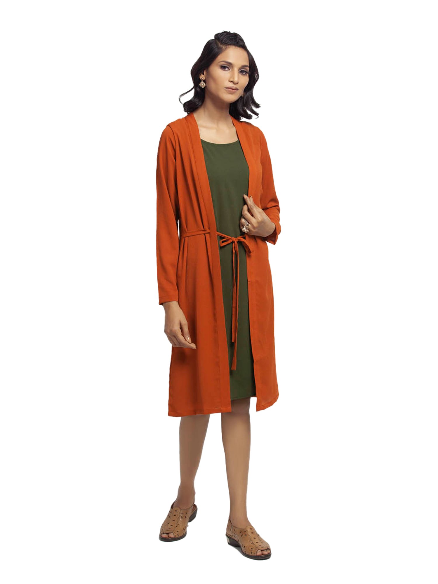Office & You Orange Full Sleeves Jacket With Tie Knot