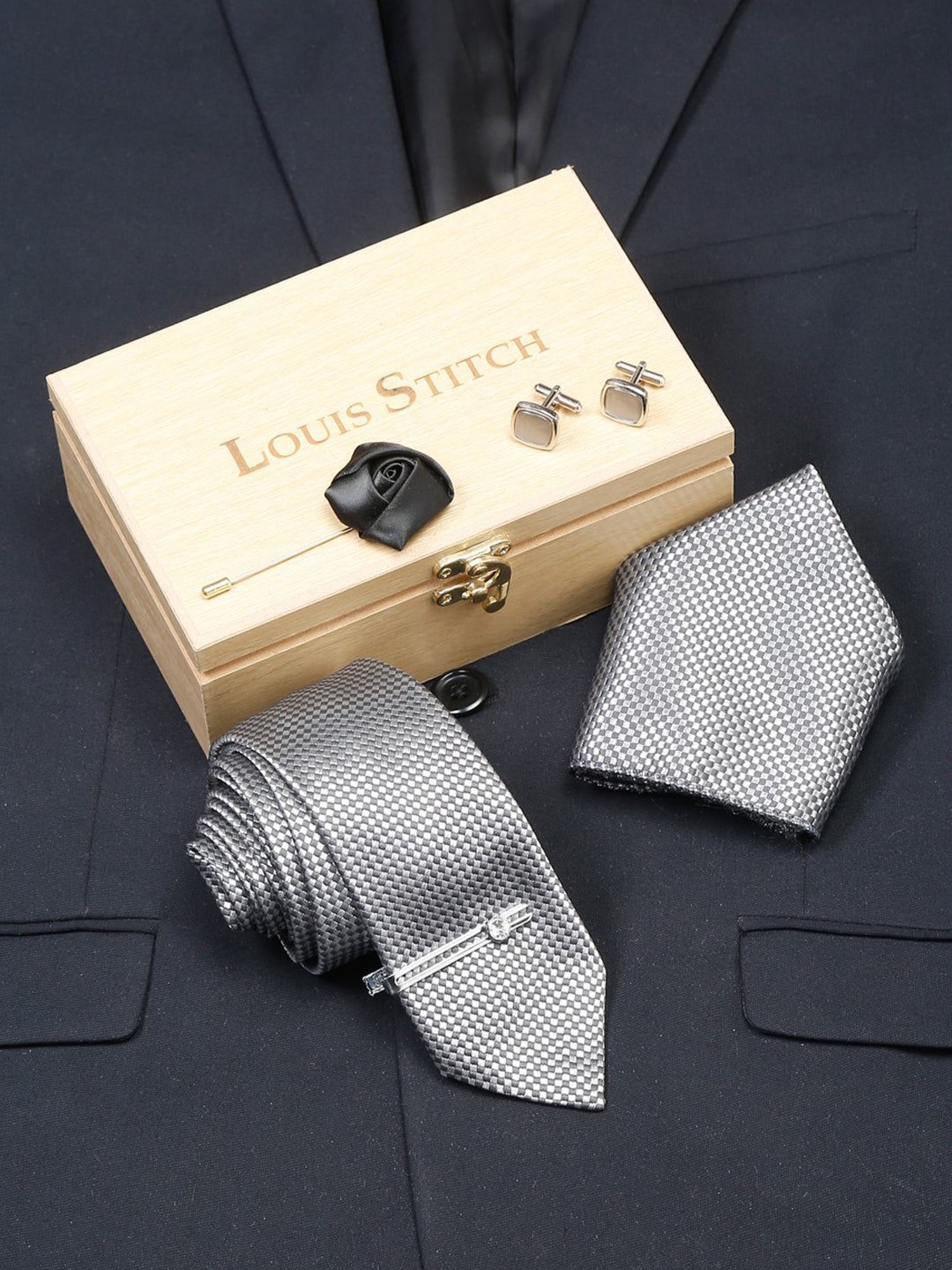 Louis Stitch Blue Printed Necktie Gift Set - Set of 3