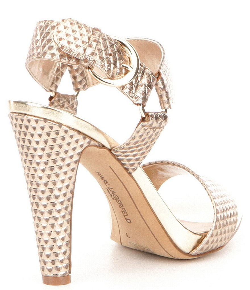 KARL LAGERFELD PARIS Cieone Metallic Leather Ankle Strap Dress Sandals