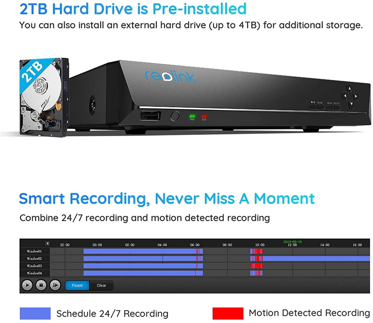 Reolink 4K PoE NVR 8 Channel Pre-Installed 2TB Hard Drive 4K/5MP/4MP/1080P HD 24/7 Surveillance Recording Home Security Camera System Video Recorder RLN8-410