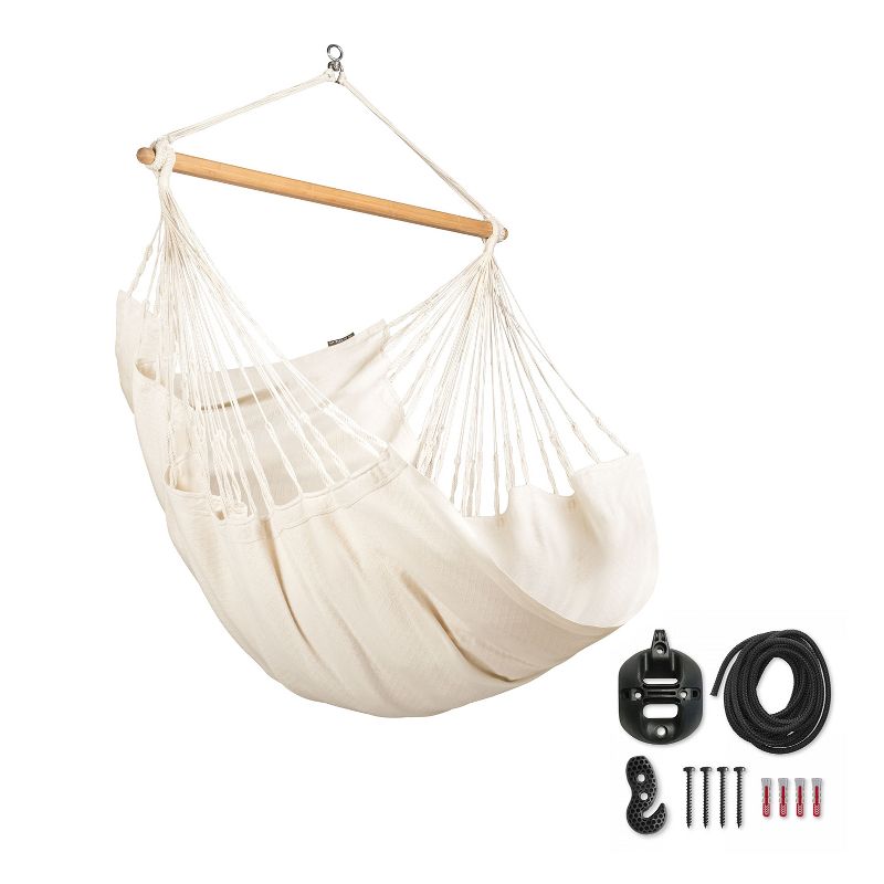 La Siesta Organic Cotton 360 Degree Swivel Comfort Size Indoor Outdoor Patio Hammock Chair with 43 Inch Bamboo Spreader Bar, Latte