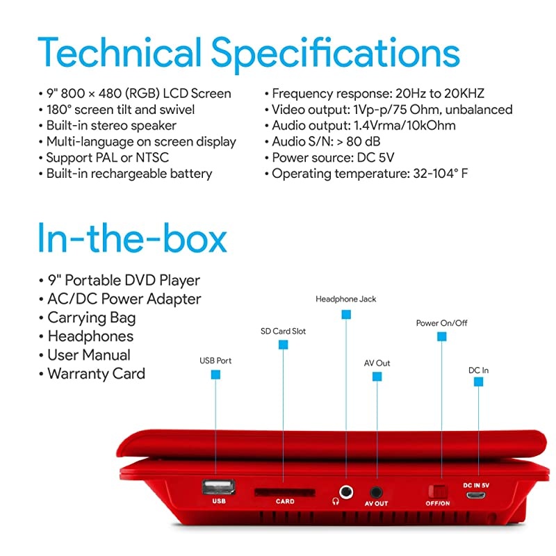 9" Portable DVD Player with Matching Headphones and Bag - EPD909rd