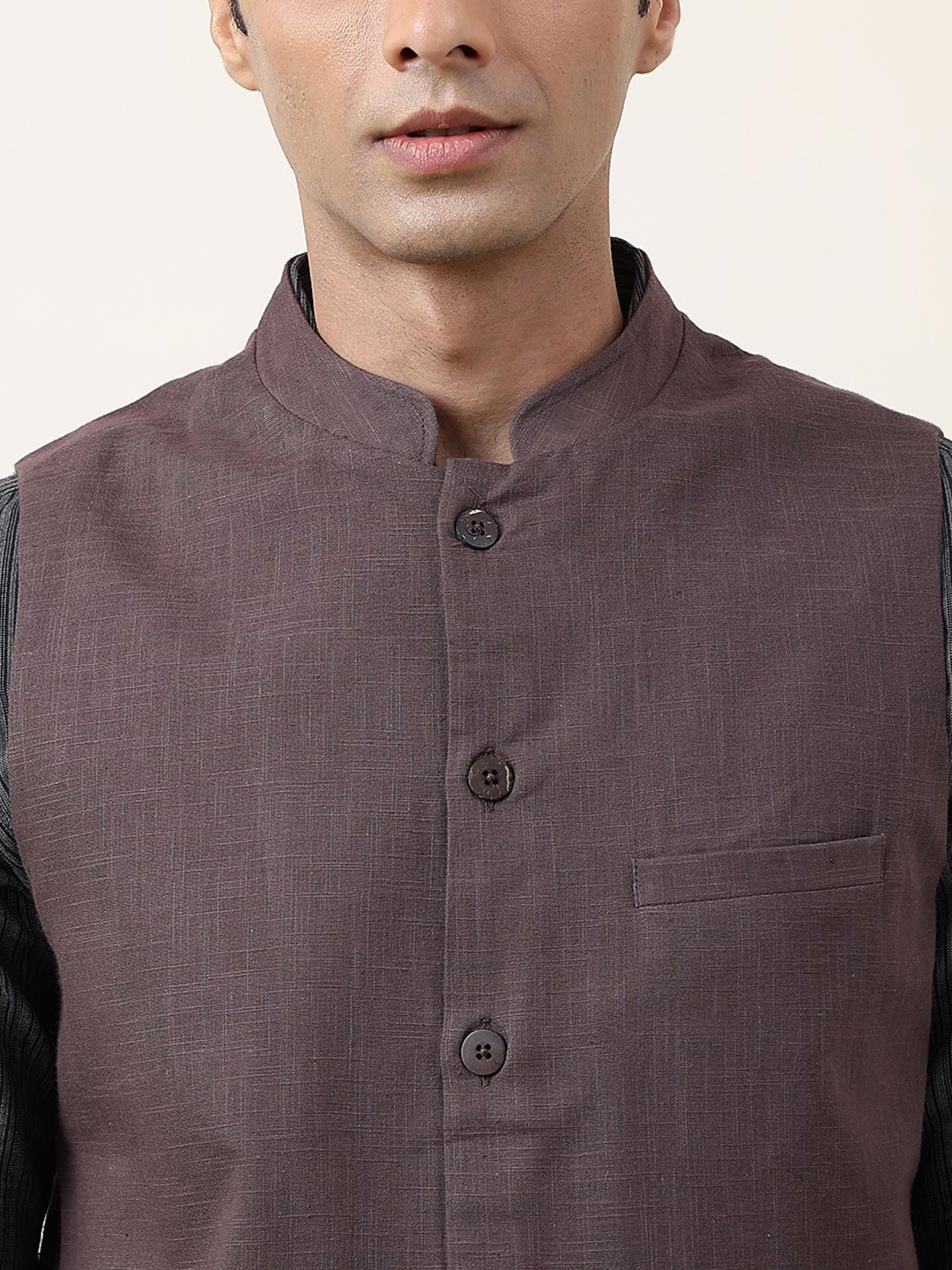 Fabindia Purple Slim Fit Mandarin Collar Nehru Jacket