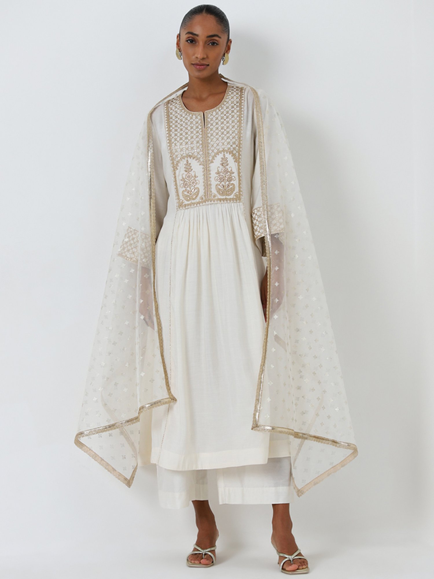 Vark by Westside White Embellished Kurta, Ethnic Pants and Dupatta Set