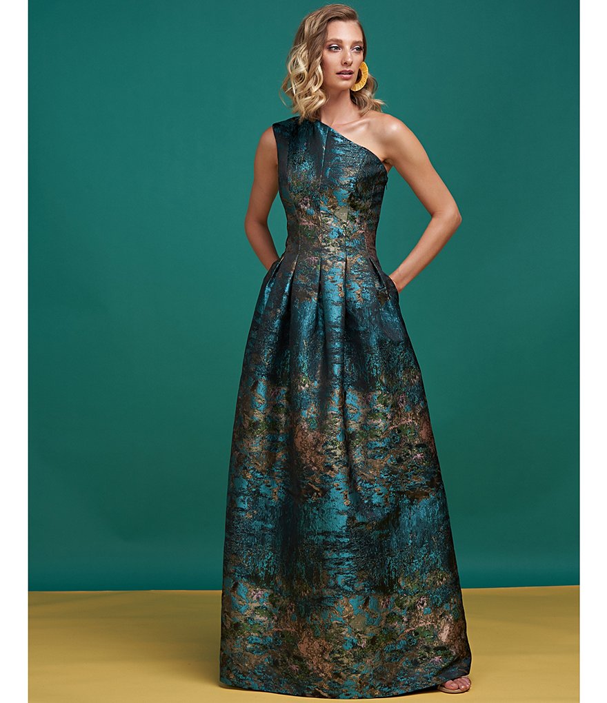 Jkara Chiffon Popover Beaded V-Neck 3/4 Capelet Sleeve Gown