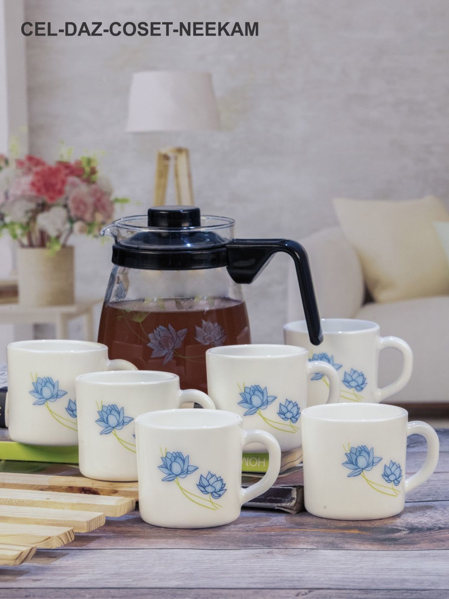 Cello Floral Multicolor Opalware Tea Set - Set of 6 Cups (180ml) & 1 Tea Pot (750ml)