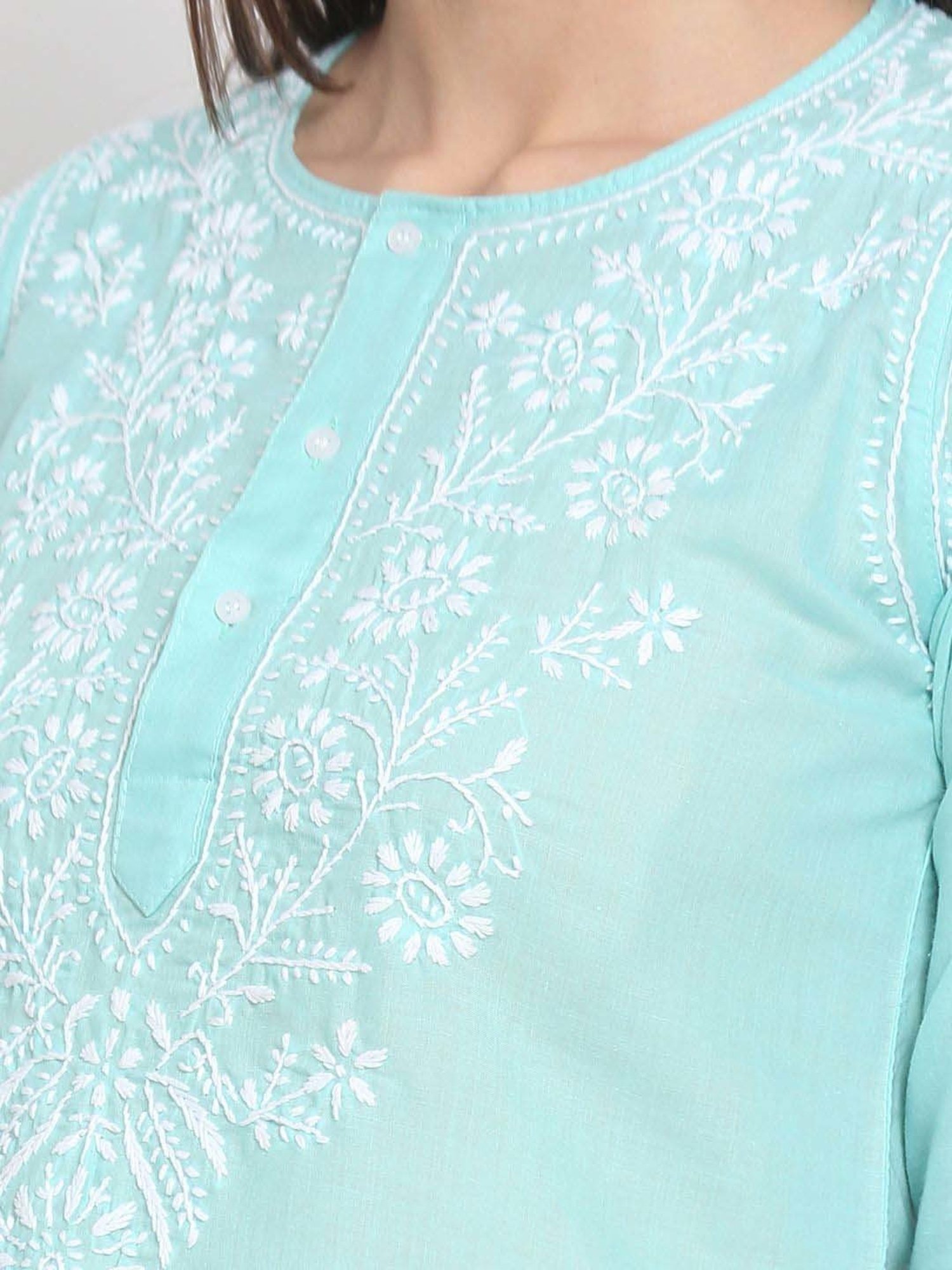 PARAMOUNT CHIKAN Mint Green Cotton Chikankari Straight Kurti