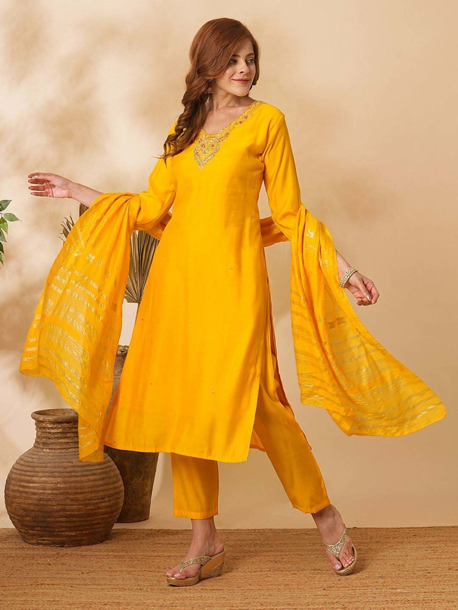 Fashor Yellow Embroidered Kurta & Pant Set With Dupatta