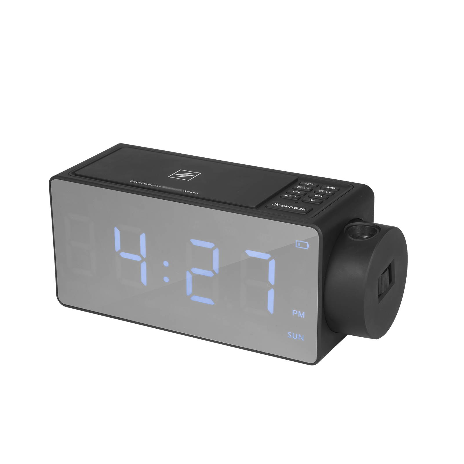 Projection Alarm Clock with BT Speaker 180&deg;Projector Wireless Charging Dual Alarms Snooze Large Mirror LED Display Dimmer for Bedroom Office