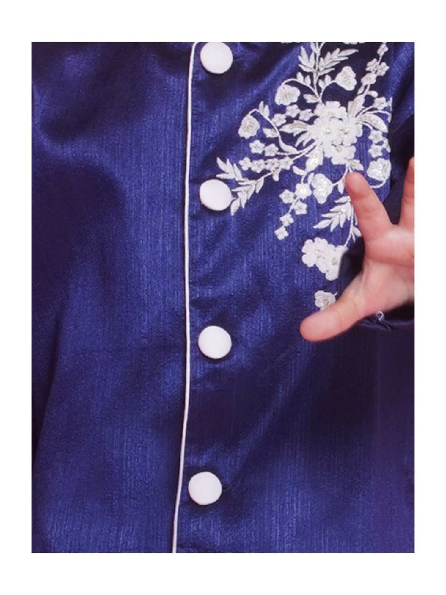 Little Bansi Kids Royal Blue & White Embroidered Full Sleeves Sherwani with Pyjamas
